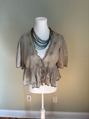 American Eagle Outfitters Light Olive Embroidered Tie-Front Peplum Blouse